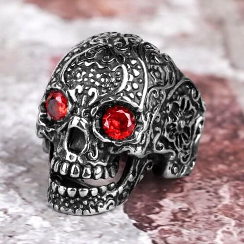 Stainless Steel Men Rings Red Rhinestone Eyes Skull Punk Rock Gothic for Biker Male Boyfriend Jewelry Creativity Gift Wholesale