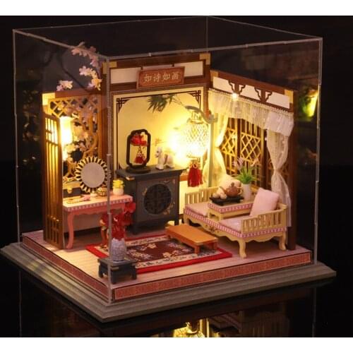 Handcraft Dollhouse Kit Plus Dustproof Case & Battery Case Wood Crafts Modern House Doll House Gift