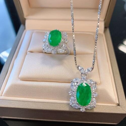 Classic 100% Real Sterling Silver 925 Oval Cut Simulated Moissanite Emerald Gemstone Ring Pendant Necklace Jewelry Sets
