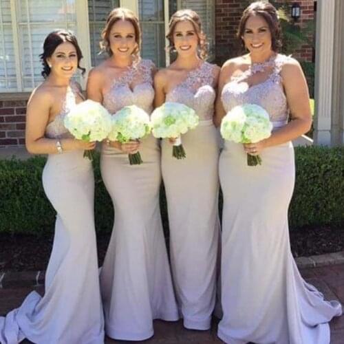 Sliver bridesmaid dresses 2020 one shoulder mermaid satin wedding guest dresses lace appliques long party dresses for wedding