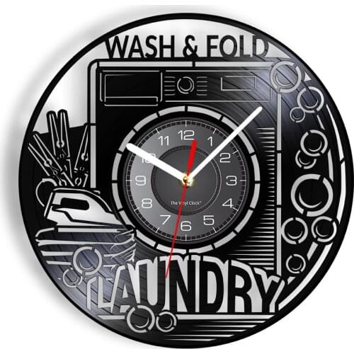 Wash Fold Laundry Room Sign Vintage Wall Clock Re-purposed Vinyl Ablum Record Wall Clock For Utility Room Washing Symbol Artwork