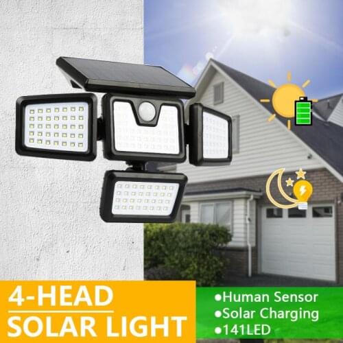Solar LED Light Outdoor 180°rotary Adjustable 4Head Lights Street Light Motion Sensor Security IP65 Waterproof 3Modes Wall Lamp