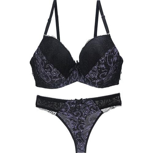 YANDW black bra set sexy lingerie embroidery print lace bralette underwire panties 34 36 38 40 42 B C D DD E Bras sets For Women