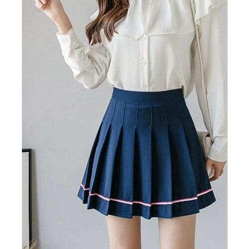 New High Waist A Line Pleated Skirts Harajuku Lolita Blue White Black A-line Sailor Skirt Cosplay Japanese School Skirts Uniform