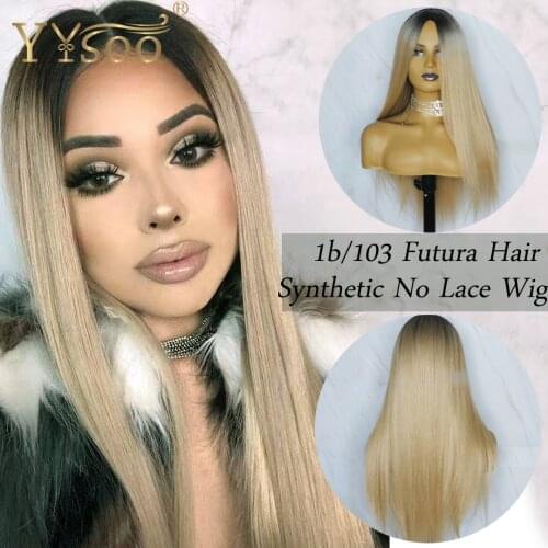 YYsoo 1BT103 Long Futura Synthetic Hair Wigs For Women Silky Straight Ombre Full Machine Made Blonde Wig Dark Roots No Lace Wig