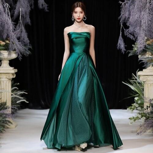 Green Evening Dresses 2021 New Temperament Satin Strapless Banquet Gown Fashion Patchwork Polka Dot Women Catwalk Show Dress