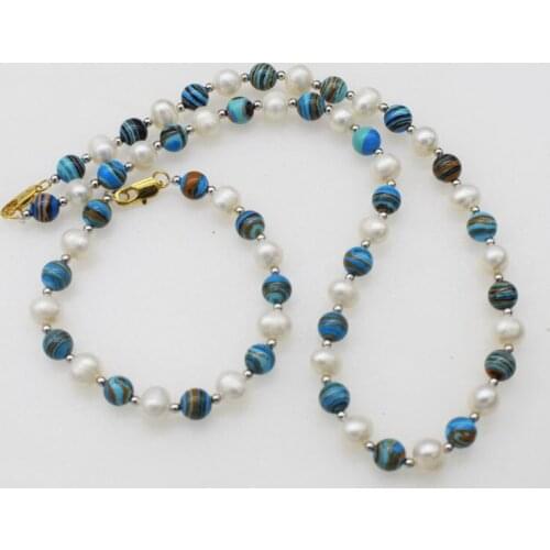 One set freshwater pearl white near round blue veins jade 18inch necklace bracelet FPPJ wholesale beads nature