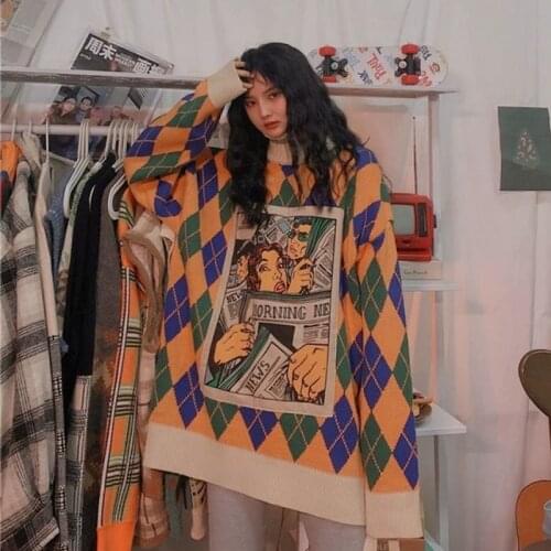 2020 Winter Harajuku Oversize Female Pullover Cartoon Patchwork Argyle Knit Women Sweaters Hip Hop Y2K Plus Size Clothing