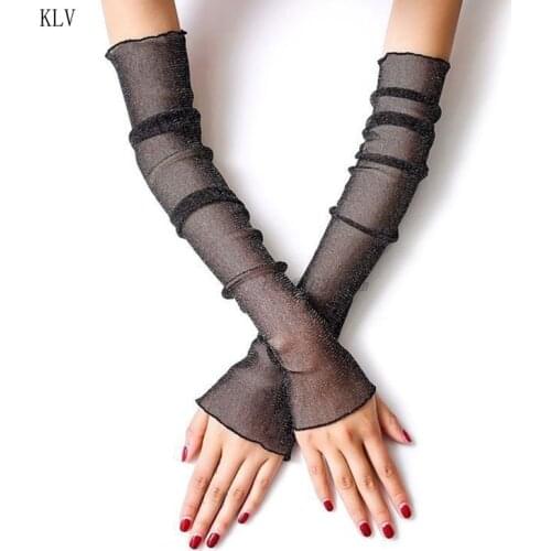 Women Girls Ultra-Thin Sheer Glitter Mesh Long Lace Gloves Metallic Shimmer UV Protection Arm Sleeves Ruffles Trim Driving Prote