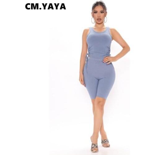 CM.YAYA Sportwear Solid Ribbed Shorts Set Women Drawstring Ruched Tank Tops Matching 2 Piece Set Outfit Knitted Active Tracksuit