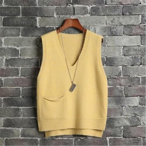 Sweater Vest Women 2020 Autumn School Preppy Style Pocket Deep V Neck Knitted Vest Winter Waistcoat Jumper Sleeveless Pullovers