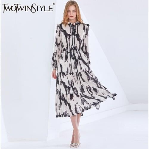 TWOTWINSTYLE Print Vintage Dress For Women O Neck Long Sleeve Casual Hit Color Spring Dresses Female Fashion New Clothing 2021