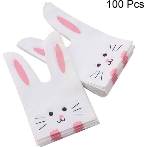 100Pcs/Lot Cute Rabbit Ear Bags Cookie Plastic Bags&Candy Gift Bags for Biscuits Snack Baking Package and Event Party