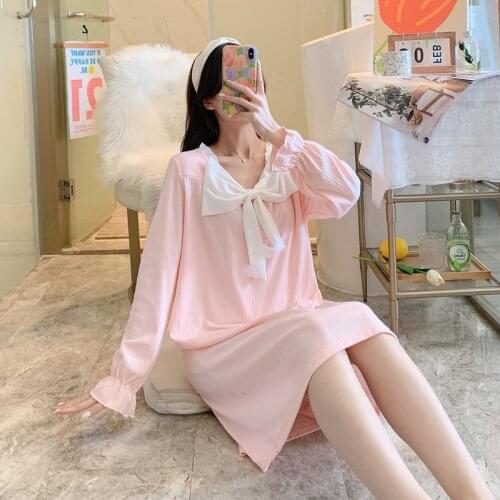 2021 Autumn Sweet Bow Princess Long Sleeve Cotton Nightgowns for Women Korean Sleepwear Night Dress Nightdress Home Dress Nighty