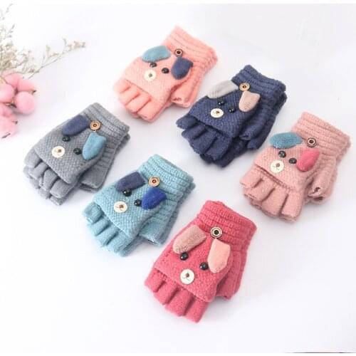 New Baby Winter Warm Gloves Cartoon Children Knitted Mittens Girls Boys Fingerless Mittens Kids Flip Half Finger Gloves Thicken