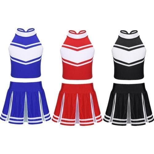 Kids Girls Cheerleader Costume Outfit Sleeveless Tops + Pleated Skirt Cheerleading Uniforms School Stage Performance Dancewear