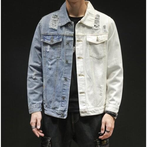 Men Hip Hop Blue white Patchwork Slim jeans Jackets Streetwear male Solid color Cotton Casual Hole Denim Jacket Plus Size 5XL
