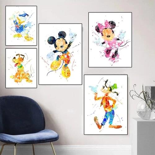 Disney Watercolor Mickey Mouse Canvas Painting Donald Duck Print Poster Wall Graffiti Art Pictures for Living Room Decor Cuadros