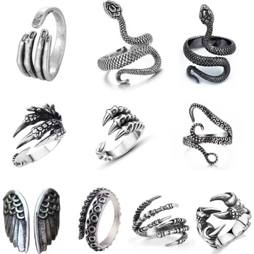 Retro Punk Snake Ring for Men Women Exaggerated Antique Siver Color Fashion Personality Stereoscopic Opening Adjustable Rings