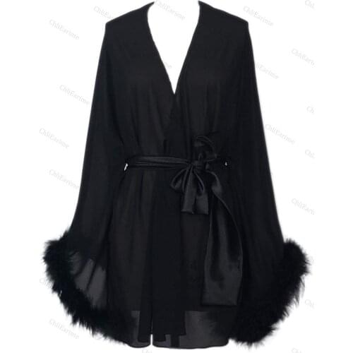 Feather Sleeve Short Bridal Robe with Sash Short Sexy Night Gown Pajamas