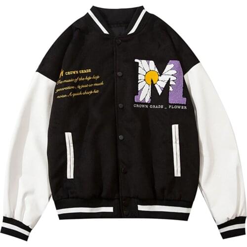 2021 Hip Hop Patchwork Button Jackets Men Harajuku Streetwear Furry Big Letter Embroidery Daisy Bee Bomber Jacket Baseball Coats