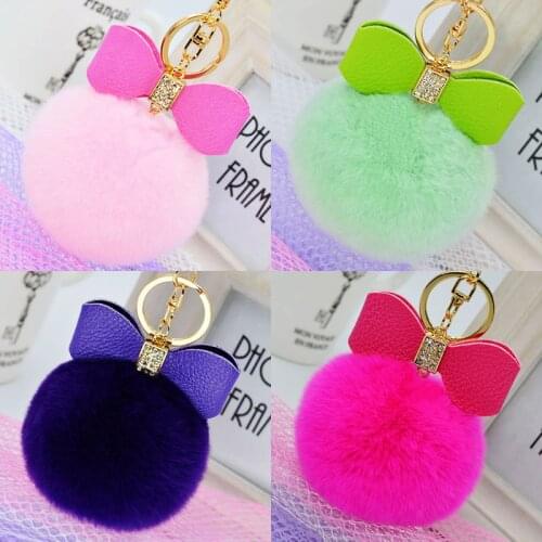 Hot Sale Fur Pom Pom Keychain Key Ring Rhinestone Bow Imitated Rabbit Fur Ball Key Chain Men Women PomPom Plush Keyring EH402B