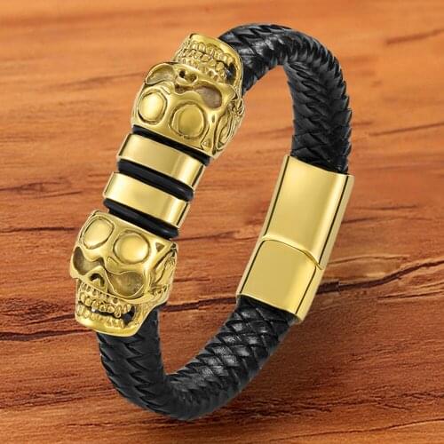 Punk Charm Braided Woven Black Jewelry Black Genuine Gold Skull Men Bracelet Leather Magnetic Skull skeleton Band Gift