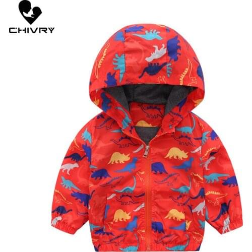 New 2021 Autumn Baby Boys Coat Jackets Kids Fashion Outerwear Hooded Cute Cartoon Dinosaur Print Zipper Windbreaker Jacket