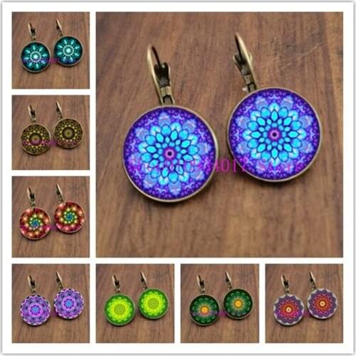New female mandala round glass pendant earrings retro novelty sacred geometry bohemian flower earrings Buddhist jewelry
