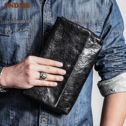 Casual luxury genuine leather mens clutch bag fashion retro natural first layer cowhide pleated design black phone envelope bag