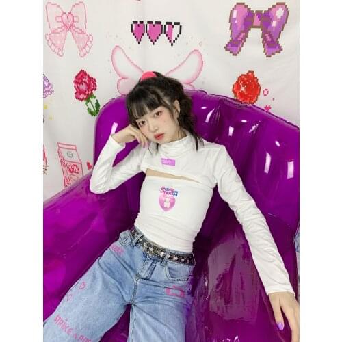 Half Length Pullover Slim Turtleneck Long Sleeve Bottoming tShirt Black White Cartoon Printing T-shirt Sweet Hot Girl Tops Tee