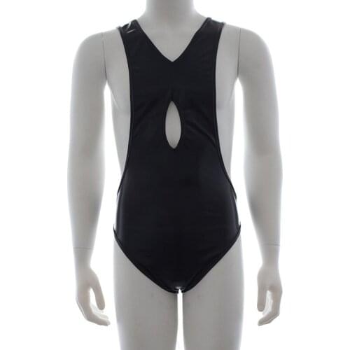 Sexy Lingerie Fetish Mens Wet Look Leather Leotard Body Suit Wrestling Singlet Tank with Open Chest Night Club Costume