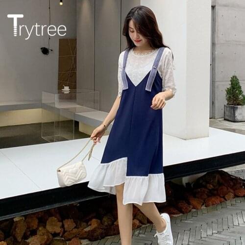Trytree 2020 Summer Women Casual O-neck Dress Patchwork Lace Irregular Fashion Elegant Loose Office Lady Knee-Length Dress