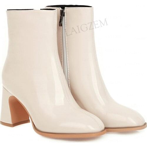 LAIGZEM Women Ankle Booties Side Zip Chunky 7.5CM Block Heels Prom Shiny Waterproof Ladies Shoes Woman Large Size 42 44 46 47 48