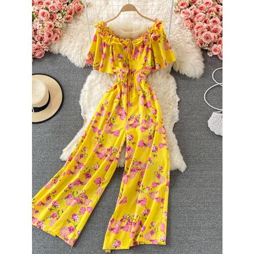 Sexy Women Romper Yellow/Red/Blue Printed High Waist Short Sleeve Vacation Beach Jumpsuits Summer Off Shoulder Playsuit Female