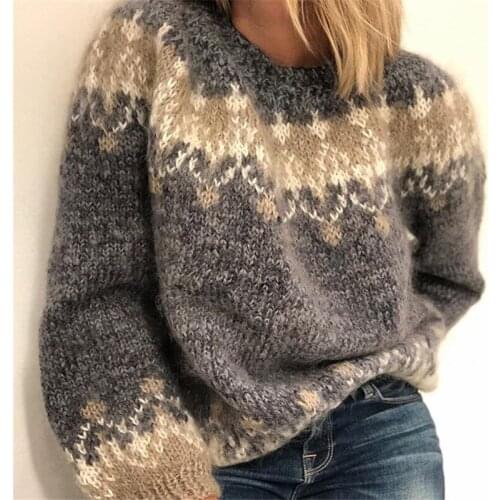 Vintage Round Neck Geometry Argyle Loose Knitted Sweater Women Winter Clothes Casual Long Sleeve Thick Jumpers Pullovers Ladies