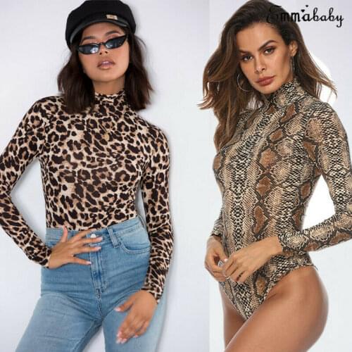 2021 Fashion Leopard Bodysuit Tops Women Sexy High Cut Leotard Thong Clubwear Skinny Body Suit Long Sleeve Playsuit Print Romper