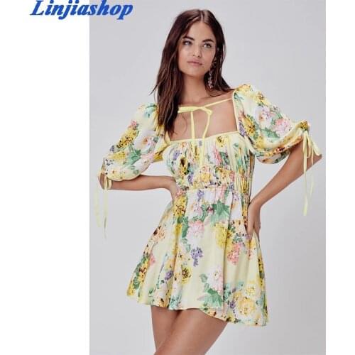Elegant fashion new mini dress women floral print ruffles puff sleeve square collar sprint summer beach boho dress ladies