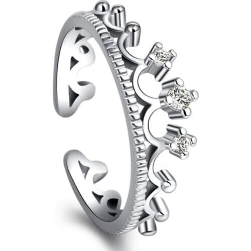 ANENJERY 925 Sterling Silver Lovers Wedding Rings Anillos Women Zircon Crystal Queens Crown Opening Bridal Rings Of S-R26
