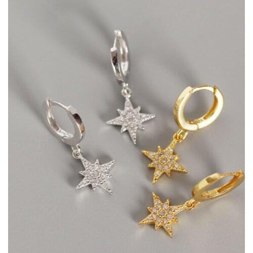 1pair 100% REAL.925 Sterling silver white /Gold Zircona set Starbust Anise Star Hoop huggie Earring Charms TLE1201