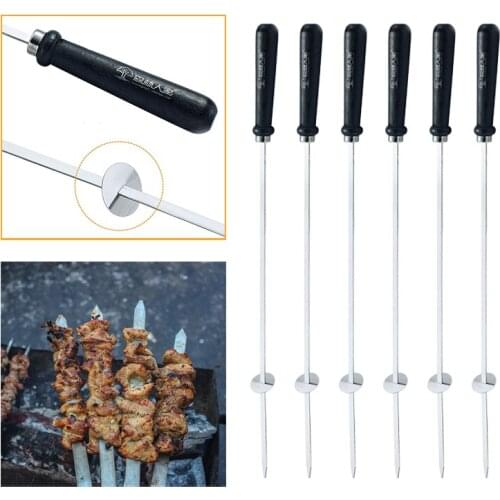 4/6/10pcs 52cm Wood Handle BBQ Needle Meat String Barbece Skewers with Food Remover Ring Stainless Steel Wide BBQ Kabob Sticks