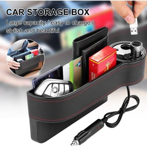 Car Seat Crevice Storage Box 2 USB Car Charger Cigarette Lighter Socket Car Organizer Bag Gap Pocket Tidying Card Phone Holders