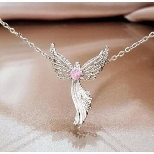 2021 New Trendy Christ Virgin Mary Crystal Pendant Necklaces Angel Wings Sterling Silvery Link Chain Necklace for Women Girl
