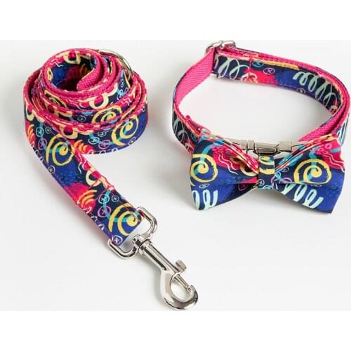 Graffiti Printing Dog Collar And Leash Set Adjustable Red Blue Small And Large Dog Collar With Bow 5 Sizes Pet Supplies
