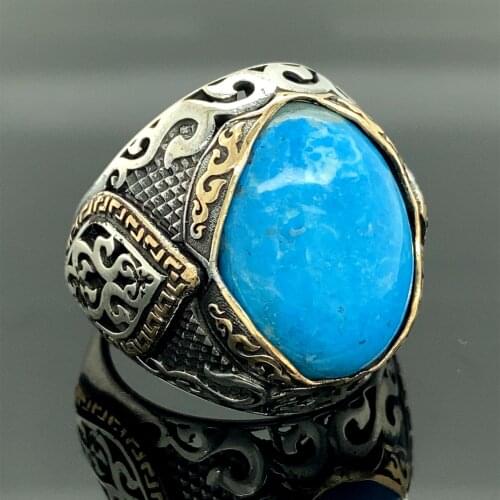 Turquoise Stone Ring , Ottoman Style Ring , Oval Gemstone Ring , Turkısh Handmade Ring , 925k Sterling Silver Ring , Gift For Hi
