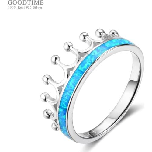 Trendy New Women Ring Pure Sterling Silver Fine Jewelry Blue Opal Crown Rings Bridal Wedding Jewelry Gift For Girl Dress Up