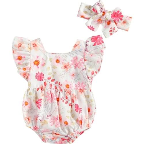 2021 Fashion Kids Baby Girls Clothing Set, Flower Print Flying Sleeve Romper and Headwear Two-piece Suit for Birthday Party