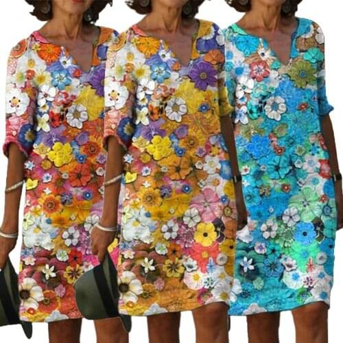 Summer Women Dress Flower Print V Neck Short Sleeve Loose Dress Fashion Female Beach Party Mini Dress Loose Ladies Vestidos