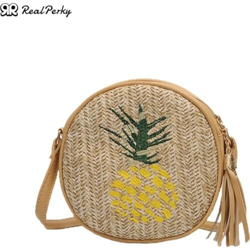 2021 Summer New Pineapple Embroidery Shoulder Messenger Straw Small Round Mini Bags For Women