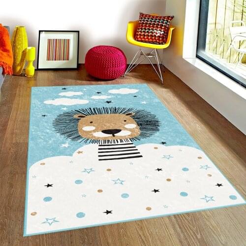 Mavi Çocuk Odası Halısı sevimli hayvanlar aslan bulut yıldız siyah beyaz mavi halı